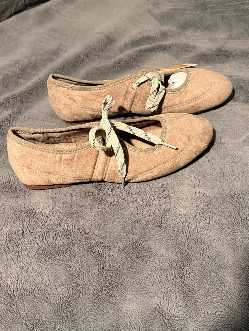 Suede Tie Ballet Flats in Light Taupe